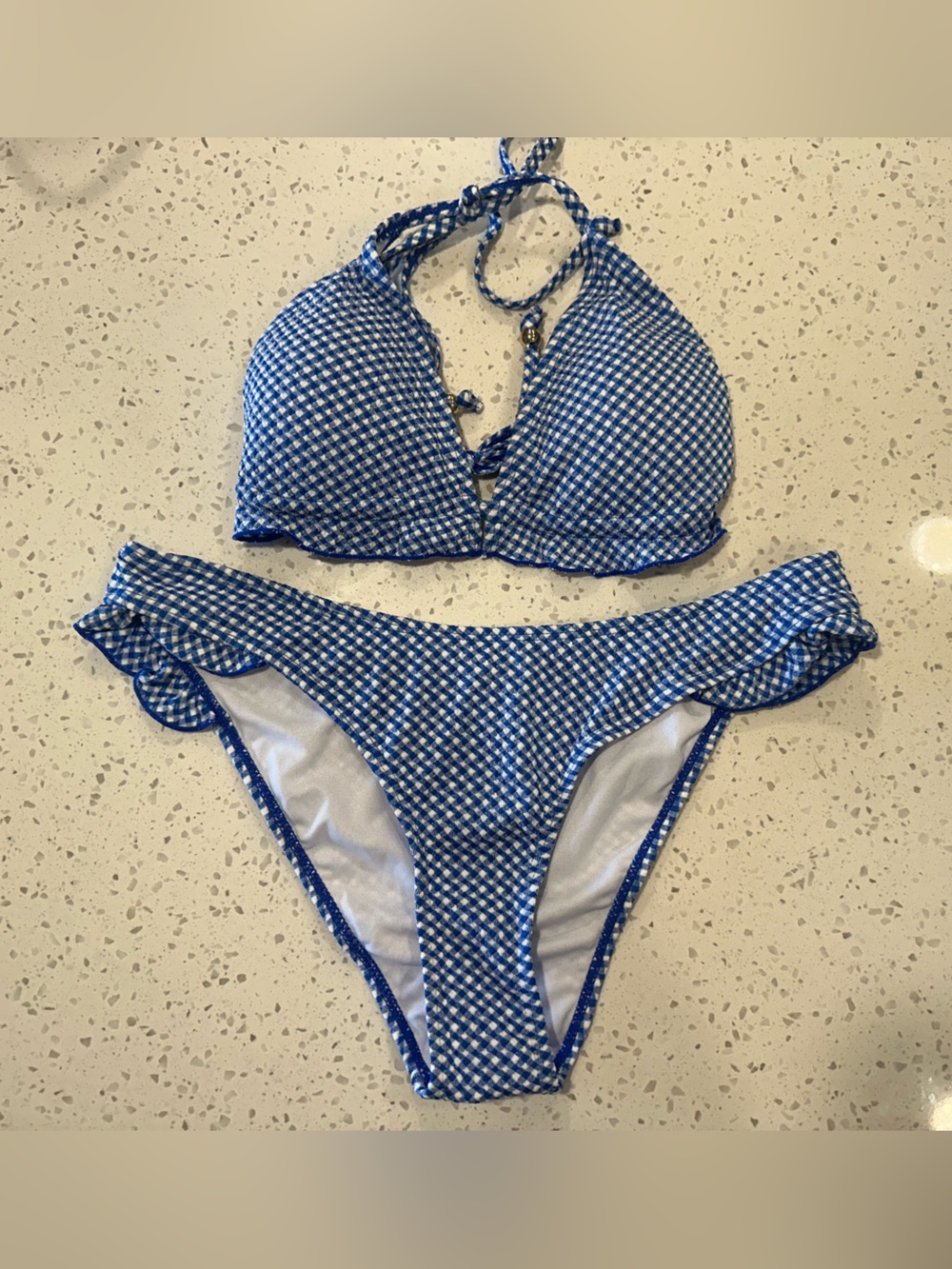 Women’s Blue Gingham Halter Bikini Set with Ruffle Trim
